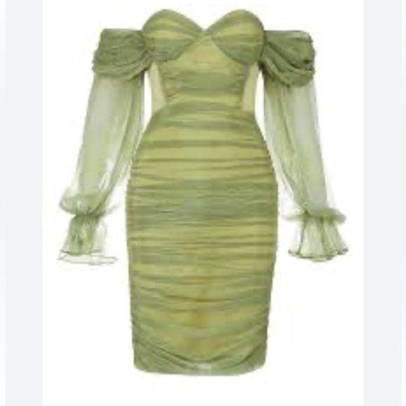 Miss Circle,Couture Clothier,Siren Olive, Silk Mesh,Lantern Sleeve Draping Dress - Picture 5 of 13